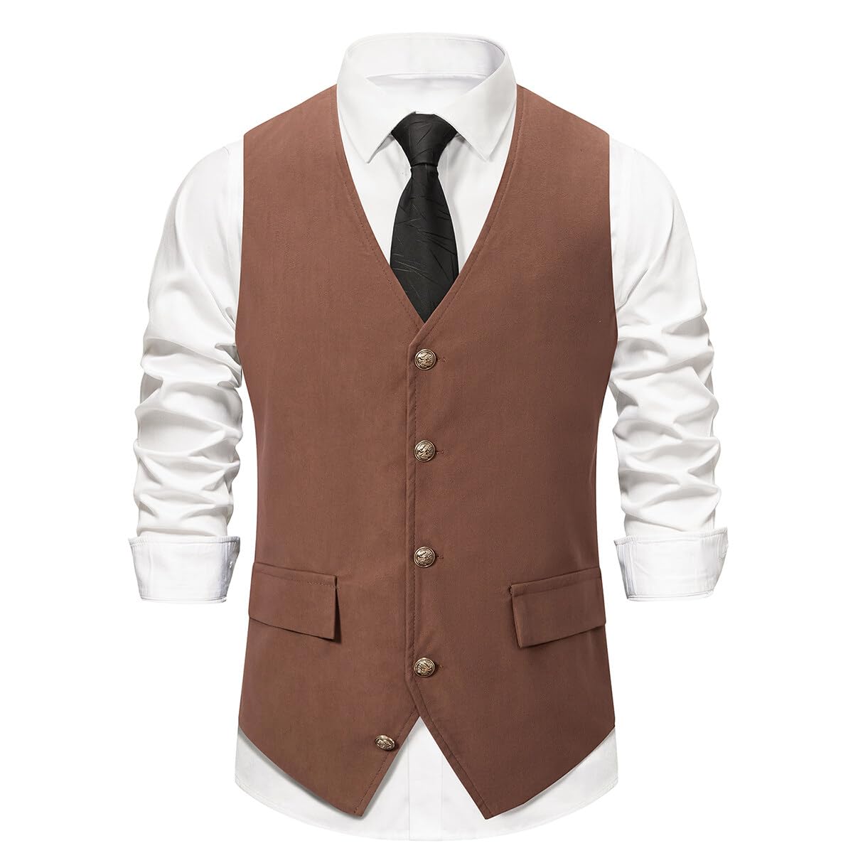 Black # Men's slim fit V-neck solid casual suit vest, button-down waistcoat with belt-on back and buckle closure, soft lightweight anti-wrinkle polyester fabric, versatile dress vest for daily wear, business, wedding, party and formal events, isolated on white background.