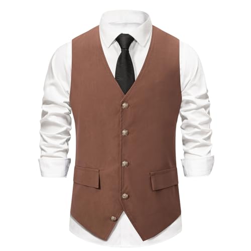 Black # Men's slim fit V-neck solid casual suit vest, button-down waistcoat with belt-on back and buckle closure, soft lightweight anti-wrinkle polyester fabric, versatile dress vest for daily wear, business, wedding, party and formal events, isolated on white background.