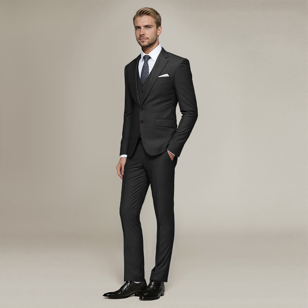 Black # Men's slim fit 3-piece suit with two-button peaked lapel and button closure, black formal blazer jacket with matching vest and flat-front trousers with extended waist strap, classic polyester suit for business, wedding, prom and formal occasions, isolated on white background.