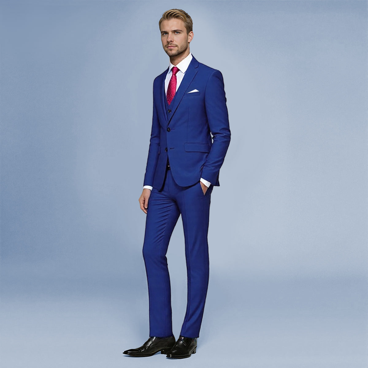 Blue # Men's slim fit 3-piece suit with two-button peaked lapel and button closure, blue formal blazer jacket with matching vest and flat-front trousers with extended waist strap and slanted side pockets, elegant polyester suit for business, wedding, office and daily wear, isolated on white background.