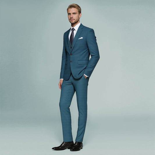 Dark Cyan # Men's slim fit 3-piece suit with two-button peaked lapel and button closure, dark cyan formal blazer jacket with matching vest and flat-front trousers with extended waist strap and slanted side pockets, elegant polyester suit for business, wedding, office and daily wear, isolated on white background.
