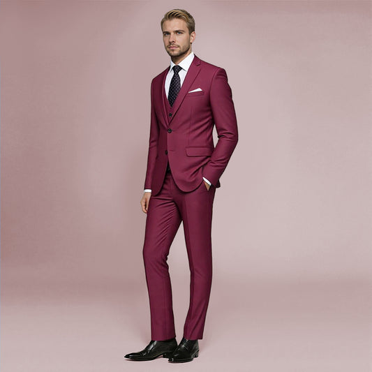 Maroon # Men's slim fit 3-piece suit with two-button peaked lapel and button closure, maroon formal blazer jacket with matching vest and flat-front trousers with extended waist strap and slanted side pockets, elegant polyester suit for business, wedding, office and daily wear, isolated on white background.