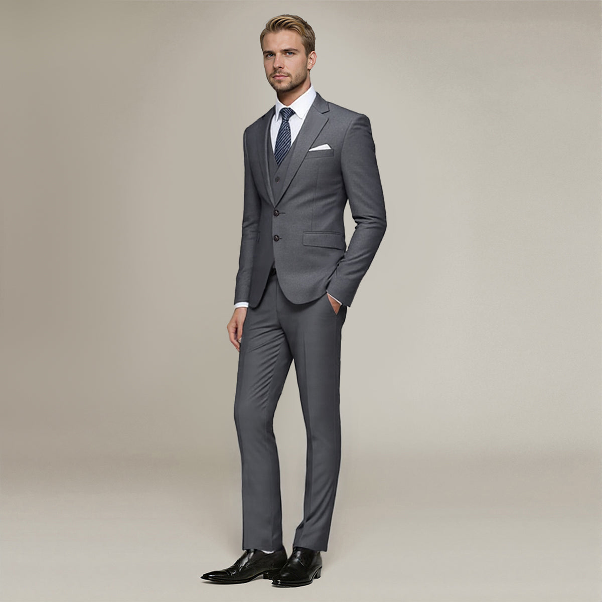 Nardo Grey # Men's slim fit 3-piece suit with two-button peaked lapel and button closure, nardo grey formal blazer jacket with matching vest and flat-front trousers with extended waist strap and slanted side pockets, elegant polyester suit for business, wedding, office and daily wear, isolated on white background.