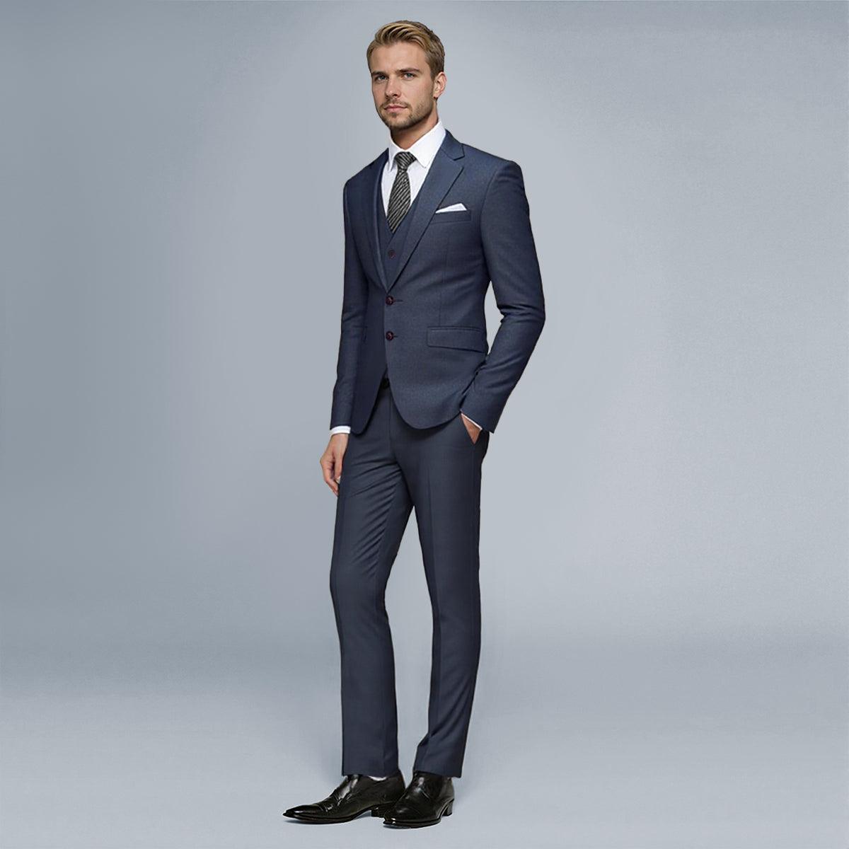 Navy # Men's slim fit 3-piece suit with two-button peaked lapel and button closure, navy formal blazer jacket with matching vest and flat-front trousers with extended waist strap and slanted side pockets, elegant polyester suit for business, wedding, office and daily wear, isolated on white background.