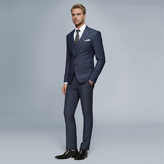 Navy # Men's slim fit 3-piece suit with two-button peaked lapel and button closure, navy formal blazer jacket with matching vest and flat-front trousers with extended waist strap and slanted side pockets, elegant polyester suit for business, wedding, office and daily wear, isolated on white background.