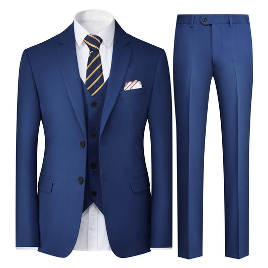 Navy # Men's 3-piece solid suit with two-button notched lapel and slim fit, navy blue formal blazer jacket with matching vest and flat-front trousers, single-breasted business suit for office, wedding, prom and daily wear, isolated on white background.