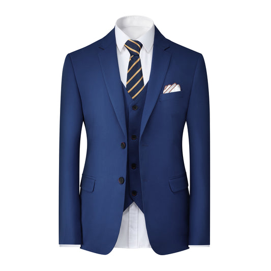 Navy # Men's 3-piece solid suit with two-button notched lapel and slim fit, navy blue formal blazer jacket with matching vest and flat-front trousers, single-breasted business suit for office, wedding, prom and daily wear, isolated on white background.