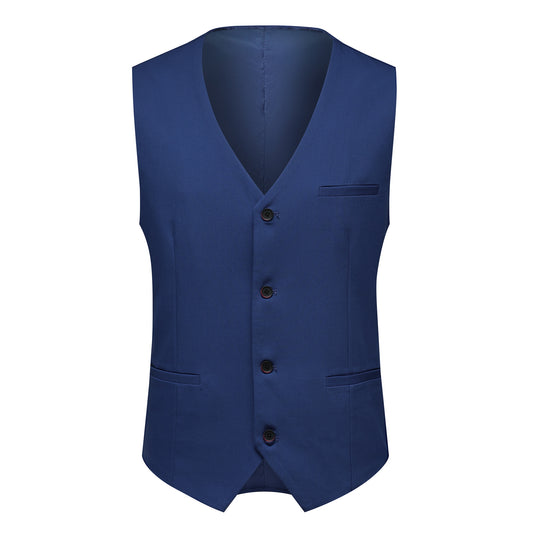 Navy # Men's 3-piece solid suit with two-button notched lapel and slim fit, navy blue formal blazer jacket with matching vest and flat-front trousers, single-breasted business suit for office, wedding, prom and daily wear, isolated on white background.