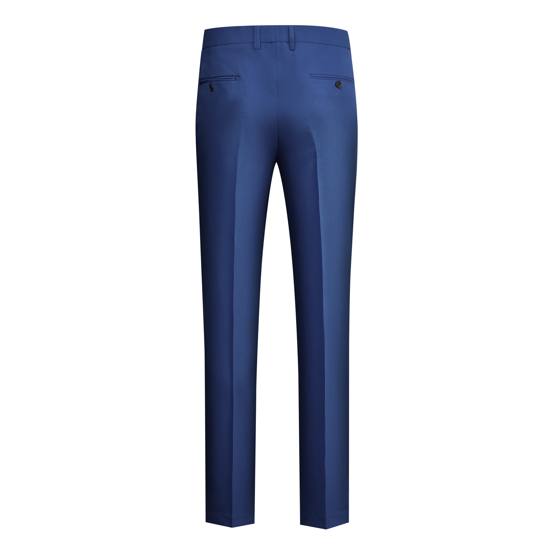 Navy # Men's 3-piece solid suit with two-button notched lapel and slim fit, navy blue formal blazer jacket with matching vest and flat-front trousers, single-breasted business suit for office, wedding, prom and daily wear, isolated on white background.