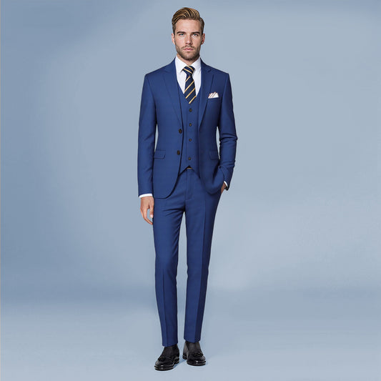 Navy # Men's 3-piece solid suit with two-button notched lapel and slim fit, navy blue formal blazer jacket with matching vest and flat-front trousers, single-breasted business suit for office, wedding, prom and daily wear, isolated on white background.