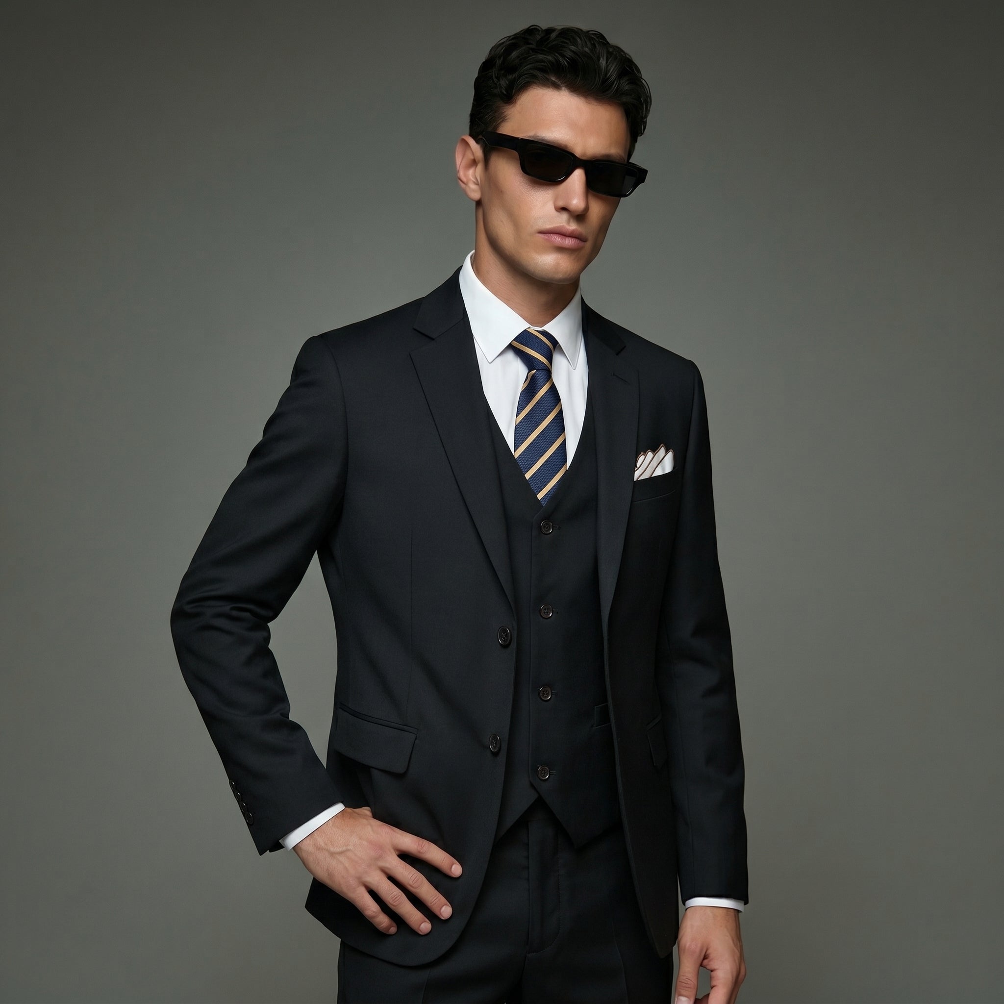 Black # Men's 3-piece solid suit with 2-button notched lapel and single-breasted blazer jacket, slim fit formal wear including vest and flat front trousers, classic black business suit for office, wedding, prom and daily events, isolated on white background.