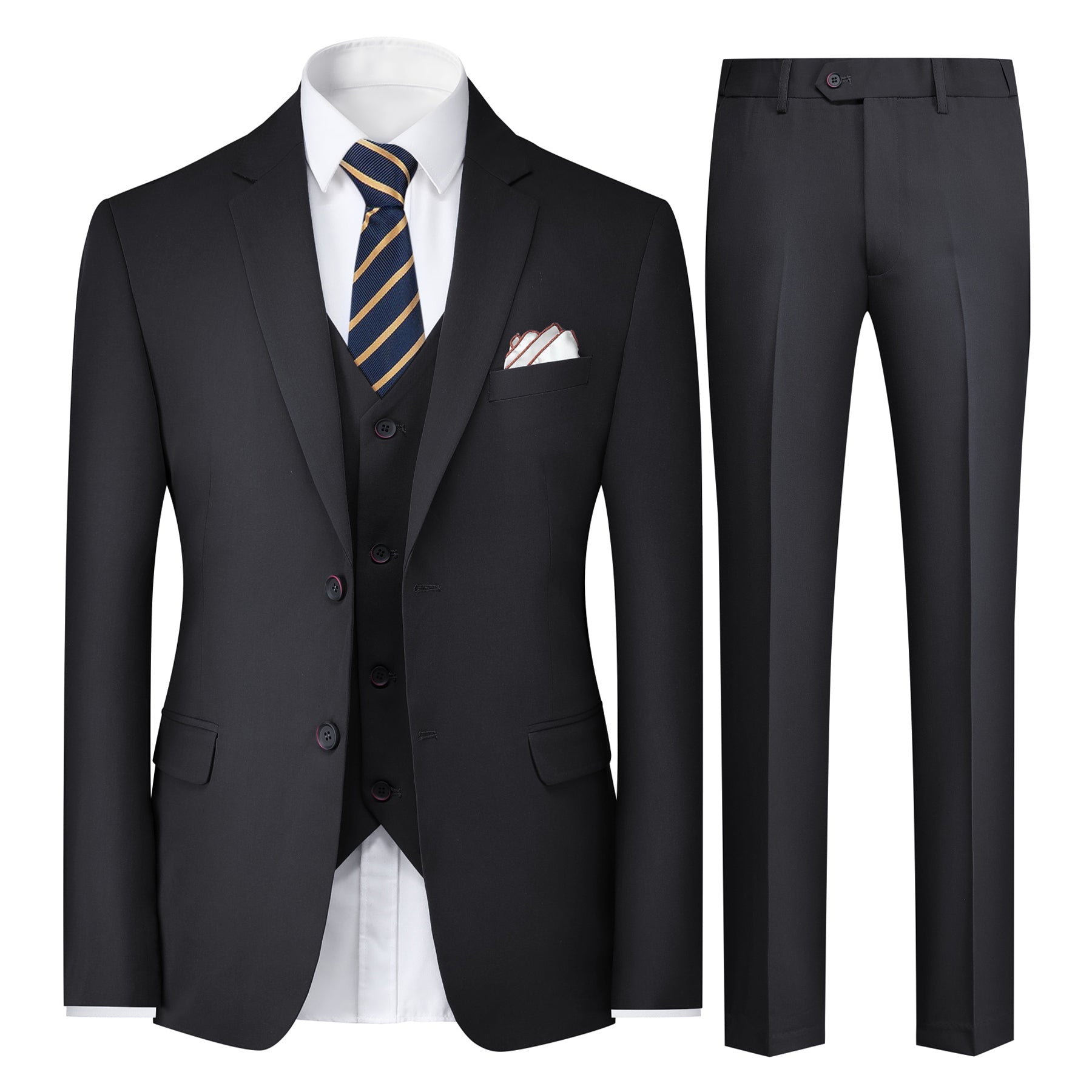 Black # Men's 3-piece solid suit with 2-button notched lapel and single-breasted blazer jacket, slim fit formal wear including vest and flat front trousers, classic black business suit for office, wedding, prom and daily events, isolated on white background.