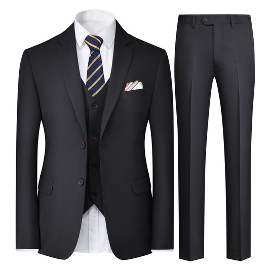 Black # Men's 3-piece solid suit with 2-button notched lapel and single-breasted blazer jacket, slim fit formal wear including vest and flat front trousers, classic black business suit for office, wedding, prom and daily events, isolated on white background.