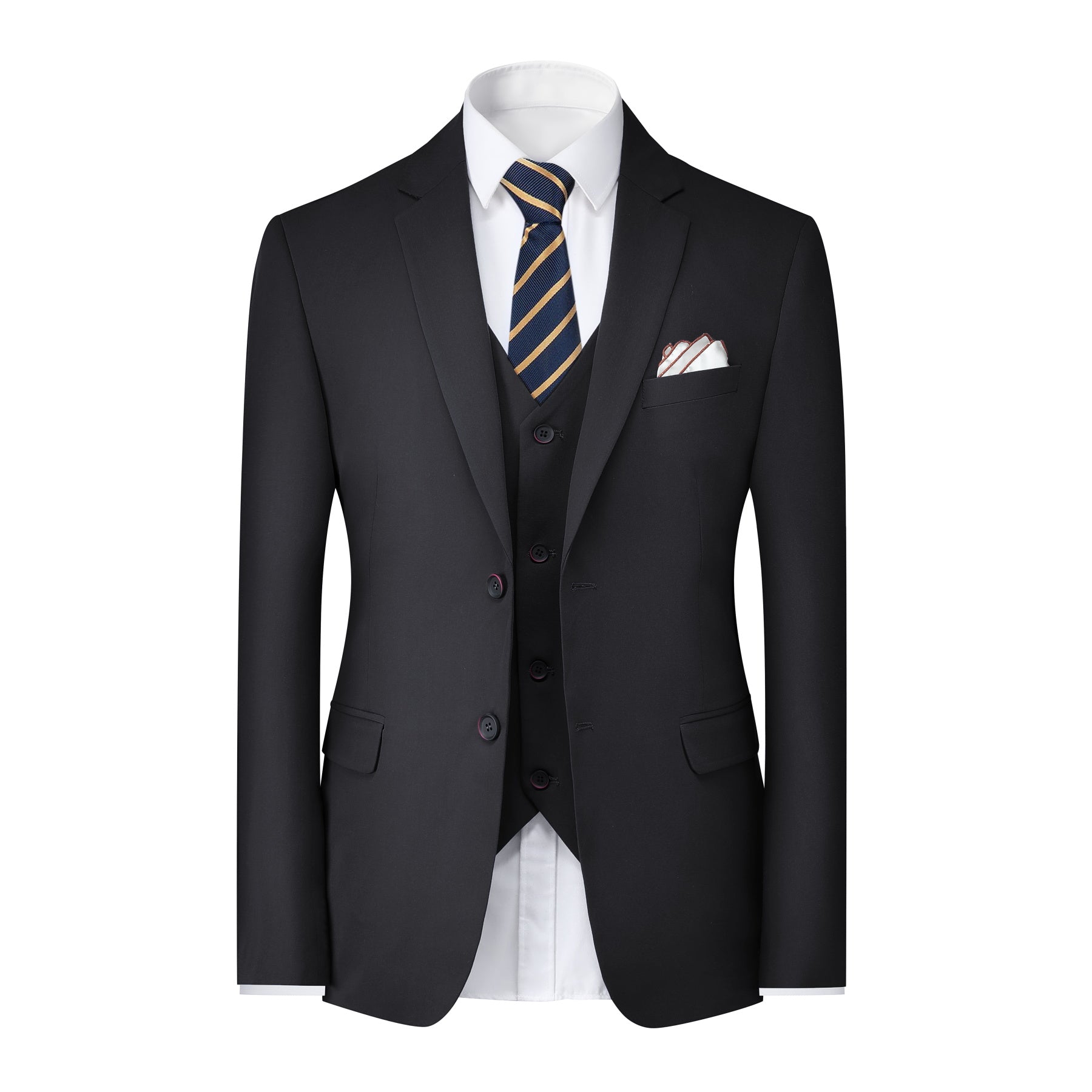 Black # Men's 3-piece solid suit with 2-button notched lapel and single-breasted blazer jacket, slim fit formal wear including vest and flat front trousers, classic black business suit for office, wedding, prom and daily events, isolated on white background.