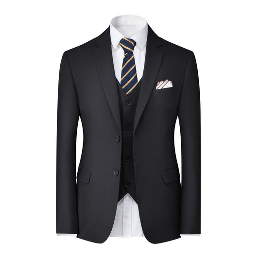 Black # Men's 3-piece solid suit with 2-button notched lapel and single-breasted blazer jacket, slim fit formal wear including vest and flat front trousers, classic black business suit for office, wedding, prom and daily events, isolated on white background.