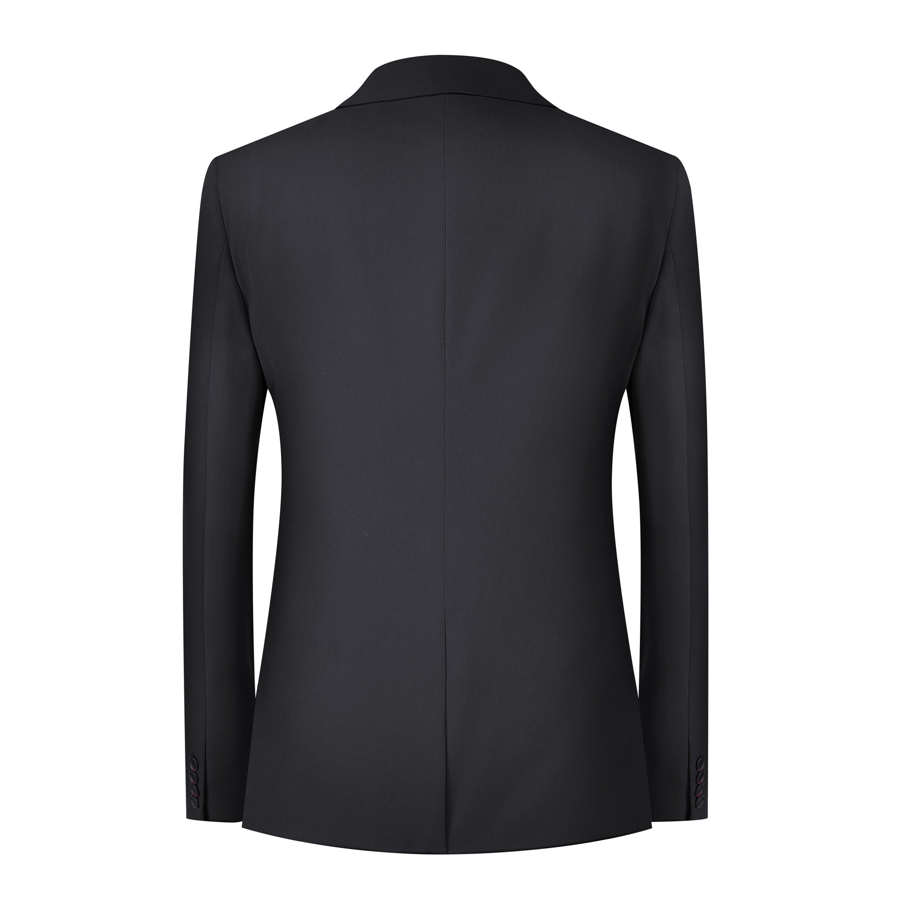 Black # Men's 3-piece solid suit with 2-button notched lapel and single-breasted blazer jacket, slim fit formal wear including vest and flat front trousers, classic black business suit for office, wedding, prom and daily events, isolated on white background.