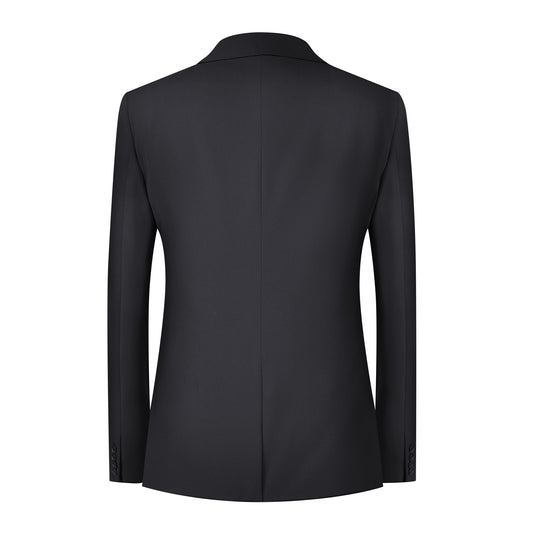 Black # Men's 3-piece solid suit with 2-button notched lapel and single-breasted blazer jacket, slim fit formal wear including vest and flat front trousers, classic black business suit for office, wedding, prom and daily events, isolated on white background.
