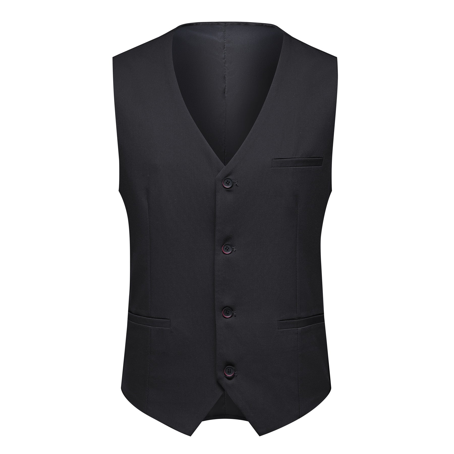 Black # Men's 3-piece solid suit with 2-button notched lapel and single-breasted blazer jacket, slim fit formal wear including vest and flat front trousers, classic black business suit for office, wedding, prom and daily events, isolated on white background.