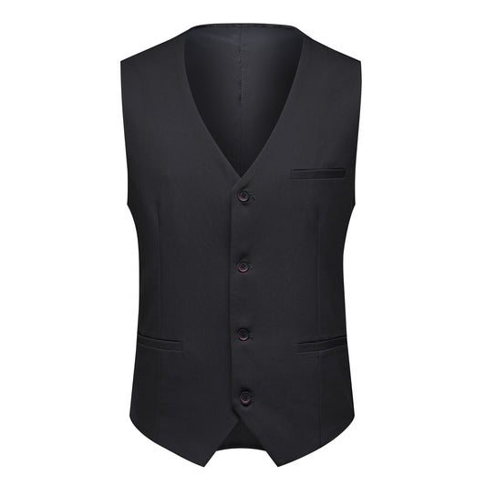 Black # Men's 3-piece solid suit with 2-button notched lapel and single-breasted blazer jacket, slim fit formal wear including vest and flat front trousers, classic black business suit for office, wedding, prom and daily events, isolated on white background.