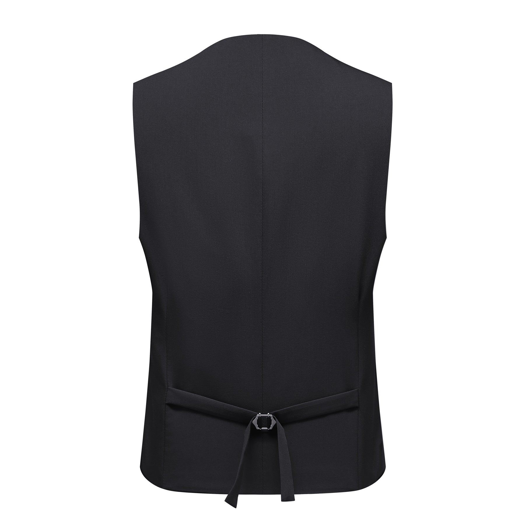 Black # Men's 3-piece solid suit with 2-button notched lapel and single-breasted blazer jacket, slim fit formal wear including vest and flat front trousers, classic black business suit for office, wedding, prom and daily events, isolated on white background.