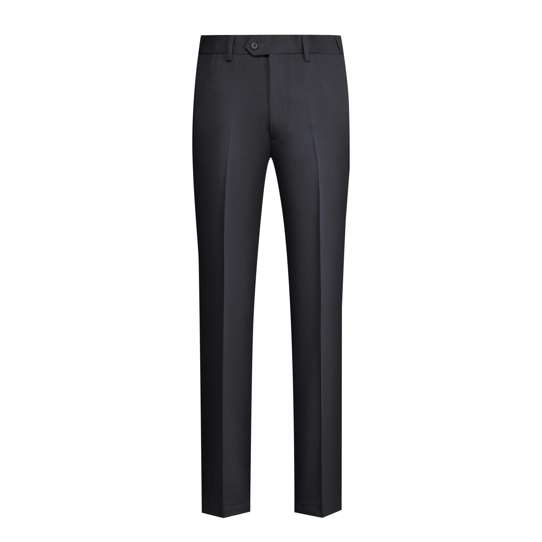 Black # Men's 3-piece solid suit with 2-button notched lapel and single-breasted blazer jacket, slim fit formal wear including vest and flat front trousers, classic black business suit for office, wedding, prom and daily events, isolated on white background.