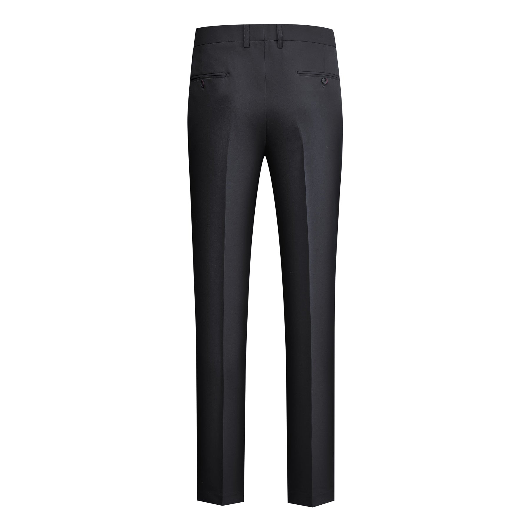 Black # Men's 3-piece solid suit with 2-button notched lapel and single-breasted blazer jacket, slim fit formal wear including vest and flat front trousers, classic black business suit for office, wedding, prom and daily events, isolated on white background.