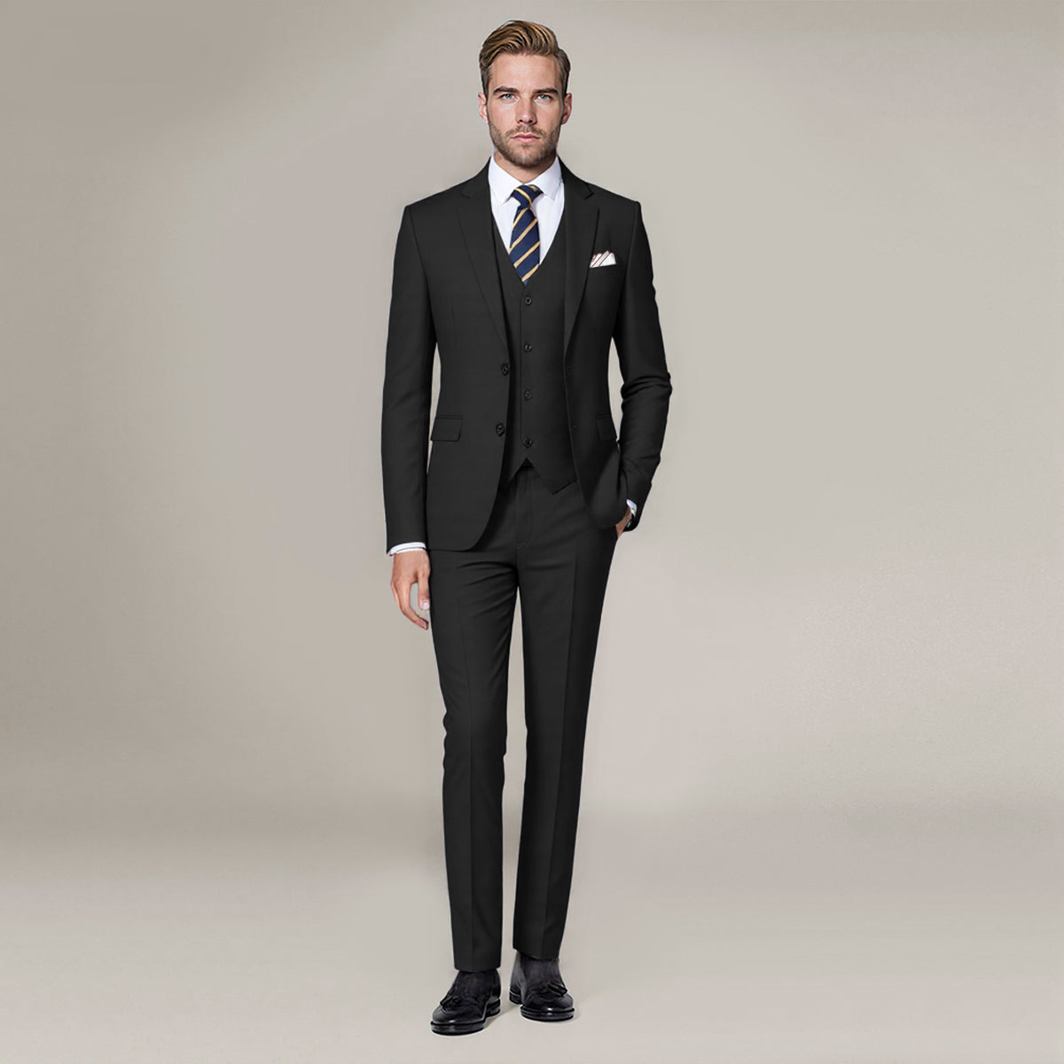 Black # Men's 3-piece solid suit with 2-button notched lapel and single-breasted blazer jacket, slim fit formal wear including vest and flat front trousers, classic black business suit for office, wedding, prom and daily events, isolated on white background.