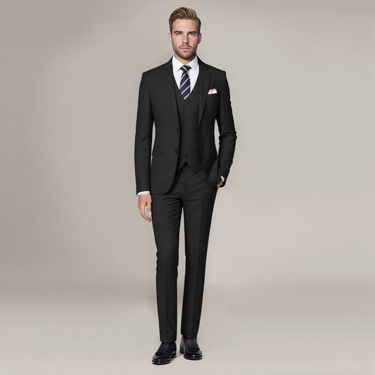 Black # Men's 3-piece solid suit with 2-button notched lapel and single-breasted blazer jacket, slim fit formal wear including vest and flat front trousers, classic black business suit for office, wedding, prom and daily events, isolated on white background.