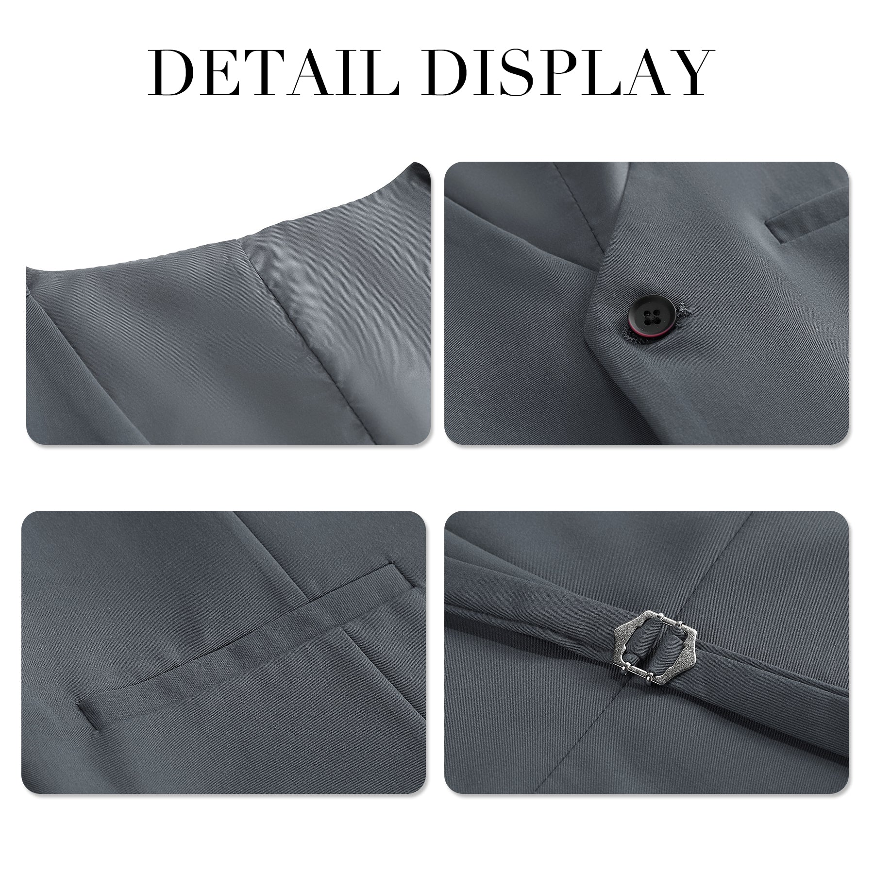Grey # Men's 3-piece solid suit with 2-button notched lapel blazer jacket, matching flat-front trousers and 4-button vest with adjustable belt, slim fit formal grey business suit for office, wedding, prom and daily wear, isolated on white background.