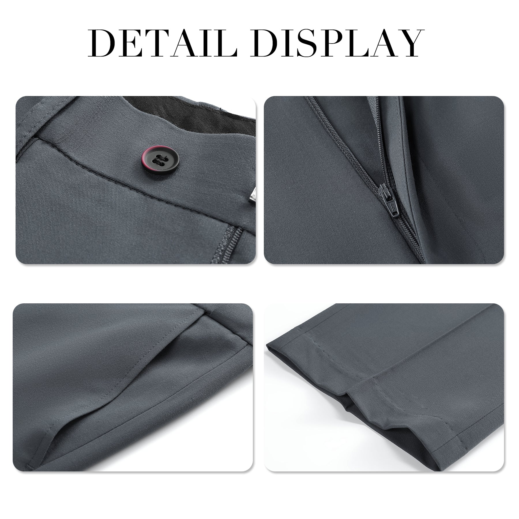 Grey # Men's 3-piece solid suit with 2-button notched lapel blazer jacket, matching flat-front trousers and 4-button vest with adjustable belt, slim fit formal grey business suit for office, wedding, prom and daily wear, isolated on white background.
