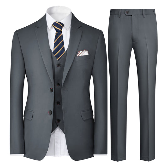 Grey # Men's 3-piece solid suit with 2-button notched lapel blazer jacket, matching flat-front trousers and 4-button vest with adjustable belt, slim fit formal grey business suit for office, wedding, prom and daily wear, isolated on white background.