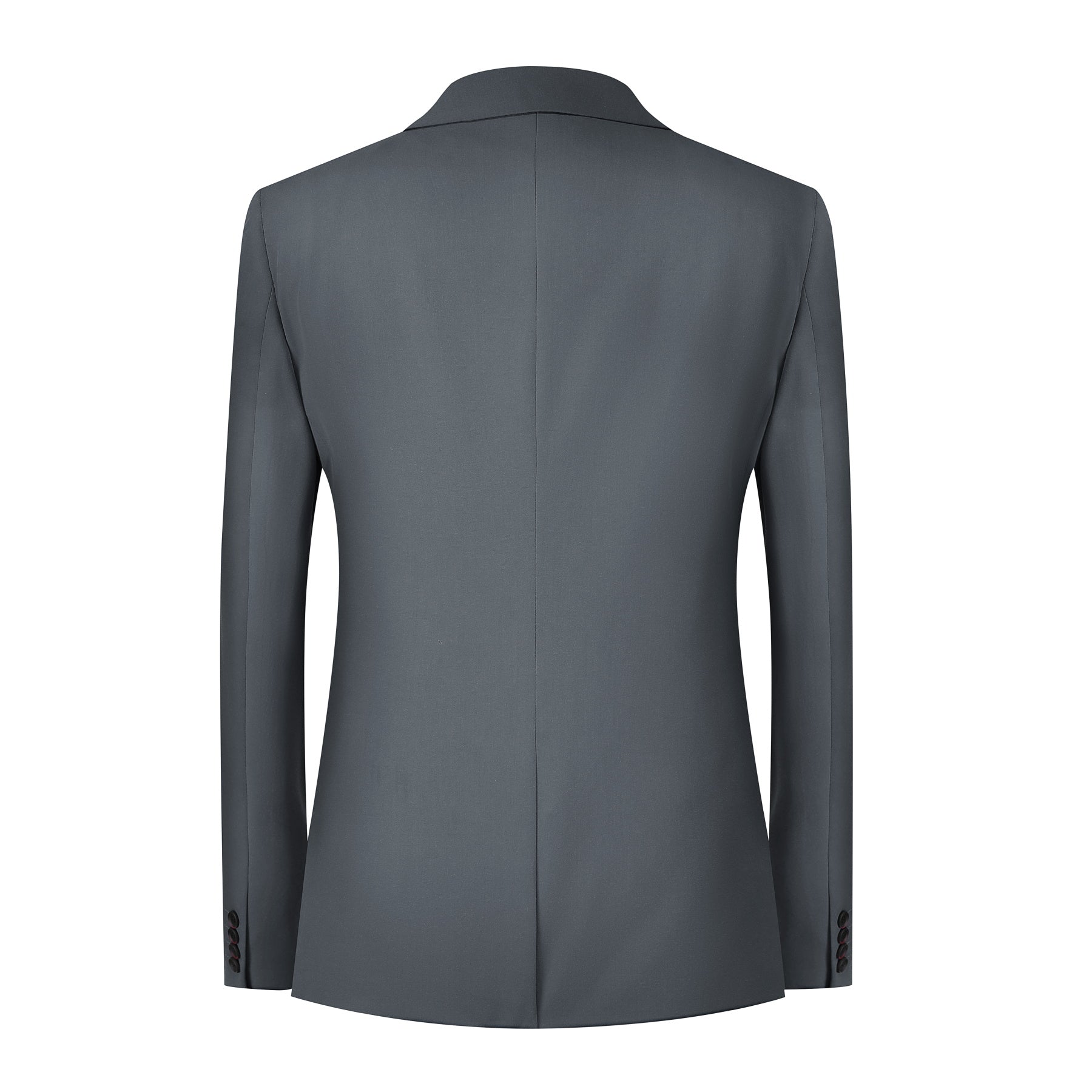 Grey # Men's 3-piece solid suit with 2-button notched lapel blazer jacket, matching flat-front trousers and 4-button vest with adjustable belt, slim fit formal grey business suit for office, wedding, prom and daily wear, isolated on white background.