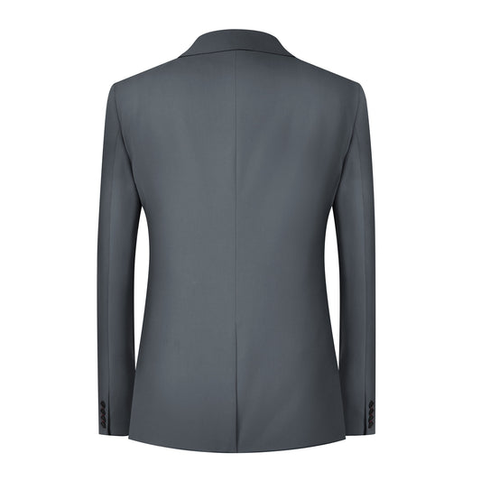 Grey # Men's 3-piece solid suit with 2-button notched lapel blazer jacket, matching flat-front trousers and 4-button vest with adjustable belt, slim fit formal grey business suit for office, wedding, prom and daily wear, isolated on white background.