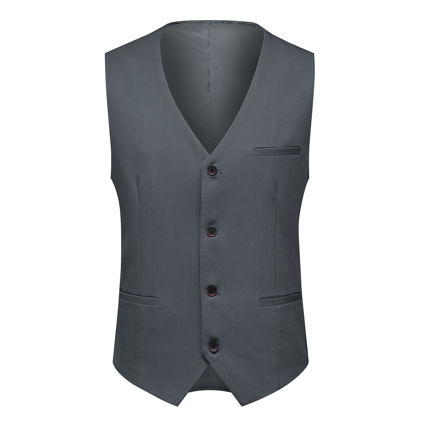 Grey # Men's 3-piece solid suit with 2-button notched lapel blazer jacket, matching flat-front trousers and 4-button vest with adjustable belt, slim fit formal grey business suit for office, wedding, prom and daily wear, isolated on white background.