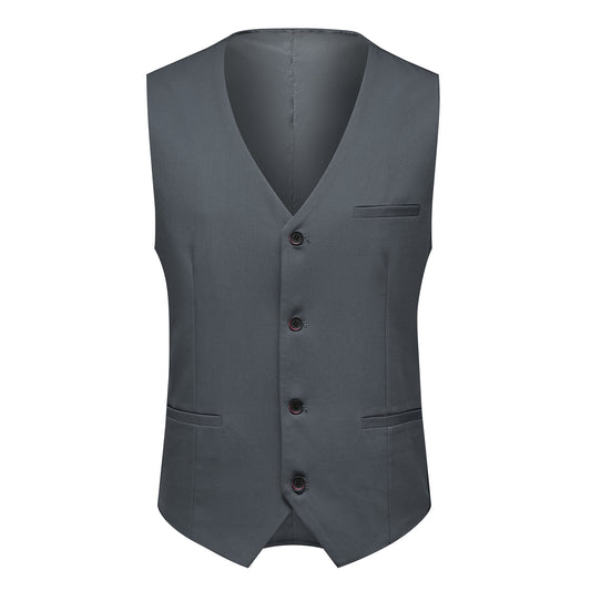 Grey # Men's 3-piece solid suit with 2-button notched lapel blazer jacket, matching flat-front trousers and 4-button vest with adjustable belt, slim fit formal grey business suit for office, wedding, prom and daily wear, isolated on white background.