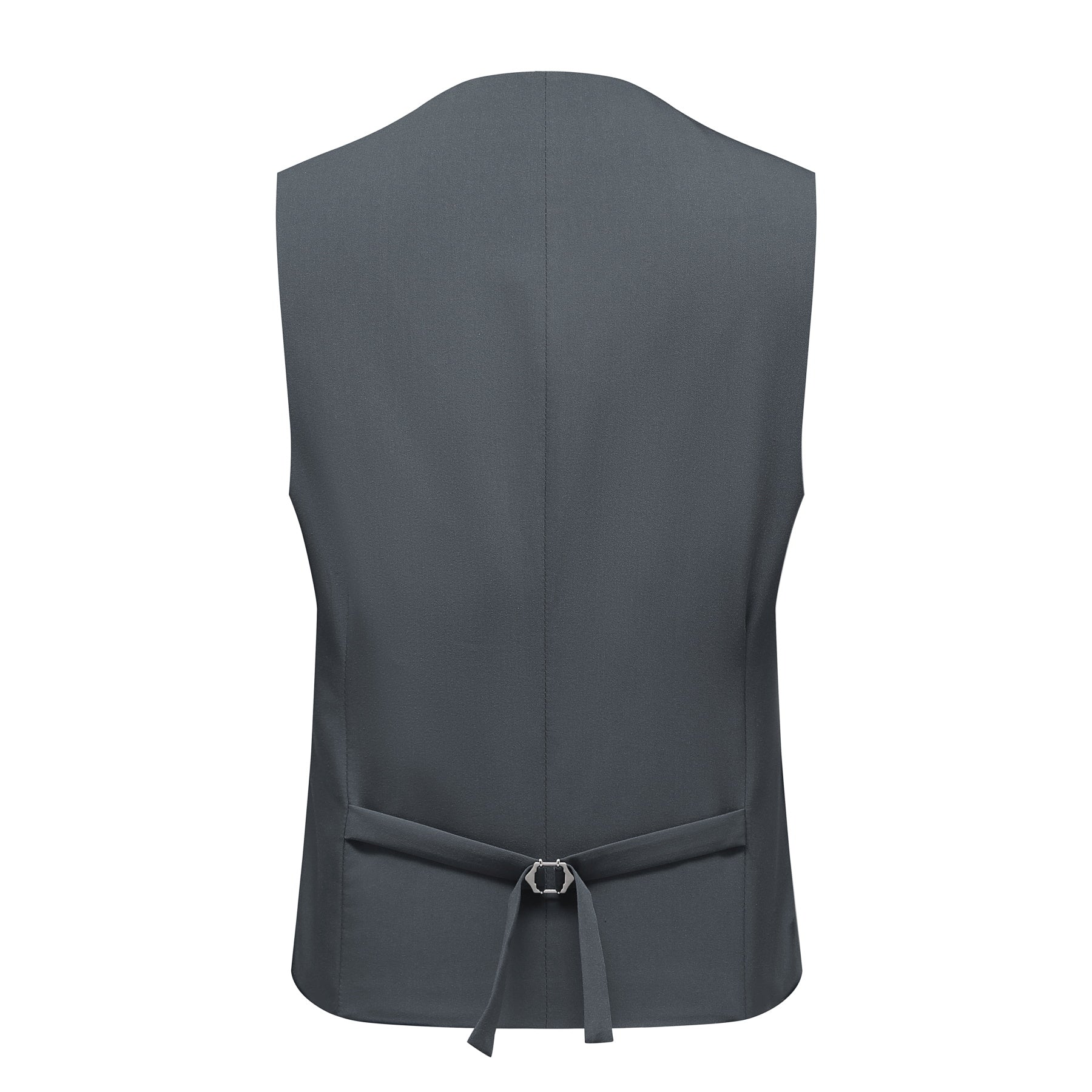 Grey # Men's 3-piece solid suit with 2-button notched lapel blazer jacket, matching flat-front trousers and 4-button vest with adjustable belt, slim fit formal grey business suit for office, wedding, prom and daily wear, isolated on white background.
