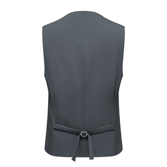 Grey # Men's 3-piece solid suit with 2-button notched lapel blazer jacket, matching flat-front trousers and 4-button vest with adjustable belt, slim fit formal grey business suit for office, wedding, prom and daily wear, isolated on white background.