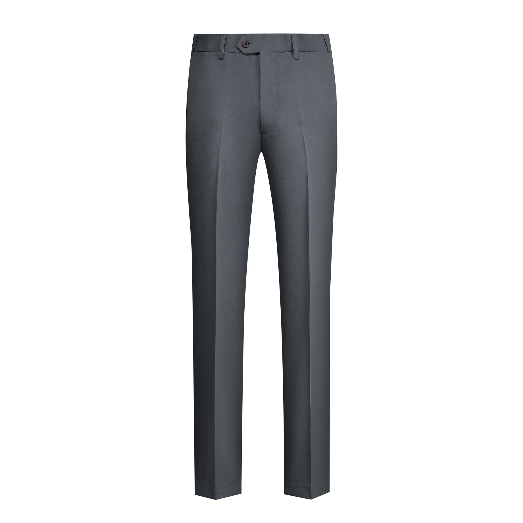 Grey # Men's 3-piece solid suit with 2-button notched lapel blazer jacket, matching flat-front trousers and 4-button vest with adjustable belt, slim fit formal grey business suit for office, wedding, prom and daily wear, isolated on white background.