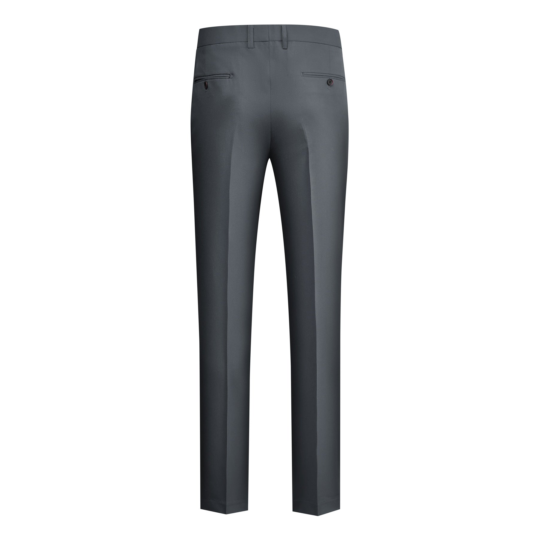 Grey # Men's 3-piece solid suit with 2-button notched lapel blazer jacket, matching flat-front trousers and 4-button vest with adjustable belt, slim fit formal grey business suit for office, wedding, prom and daily wear, isolated on white background.