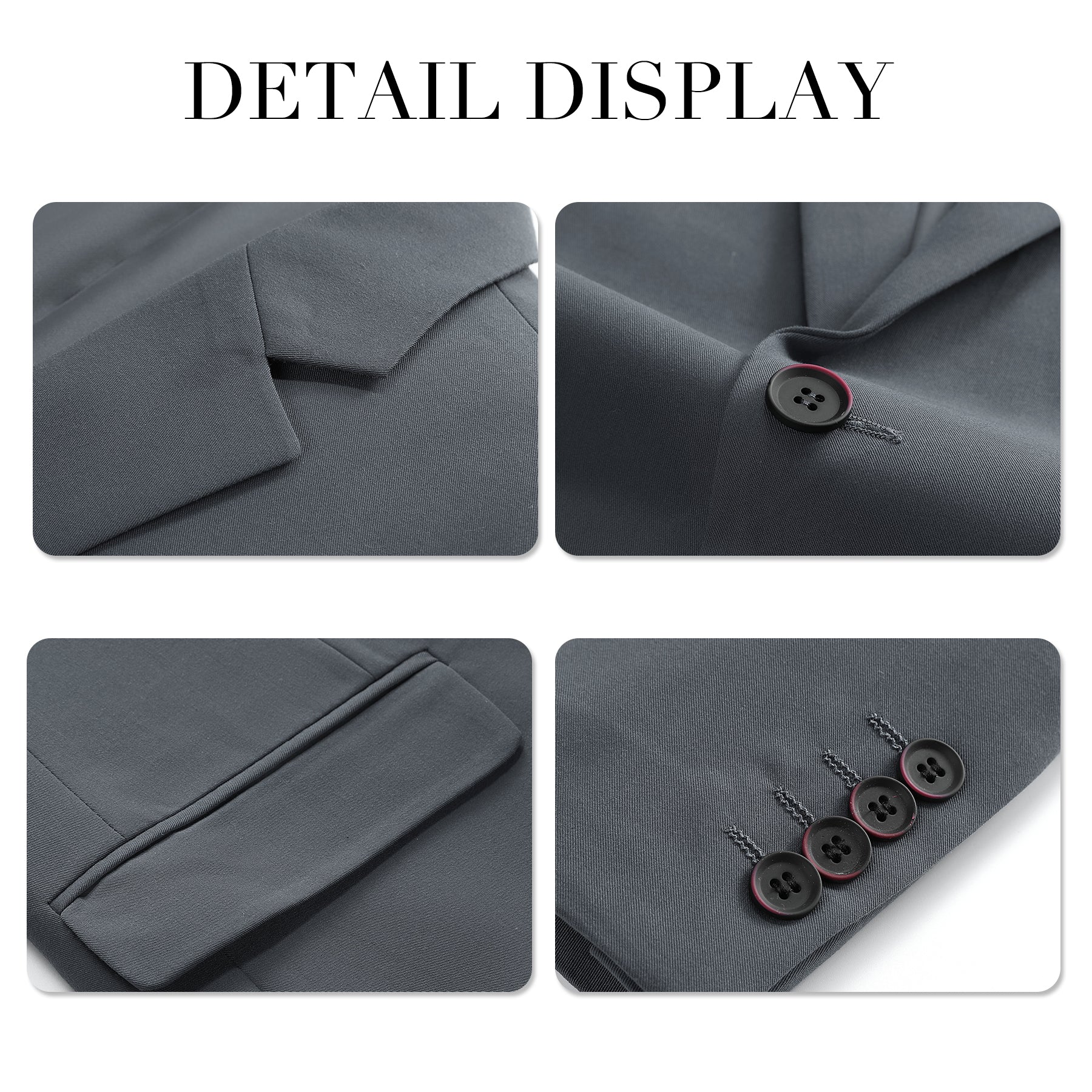 Grey # Men's 3-piece solid suit with 2-button notched lapel blazer jacket, matching flat-front trousers and 4-button vest with adjustable belt, slim fit formal grey business suit for office, wedding, prom and daily wear, isolated on white background.