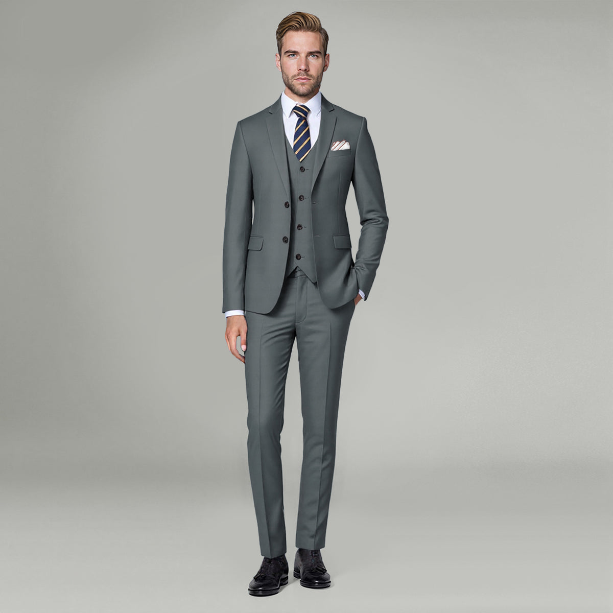 Grey # Men's 3-piece solid suit with 2-button notched lapel blazer jacket, matching flat-front trousers and 4-button vest with adjustable belt, slim fit formal grey business suit for office, wedding, prom and daily wear, isolated on white background.
