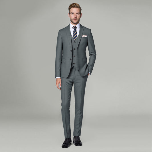 Grey # Men's 3-piece solid suit with 2-button notched lapel blazer jacket, matching flat-front trousers and 4-button vest with adjustable belt, slim fit formal grey business suit for office, wedding, prom and daily wear, isolated on white background.