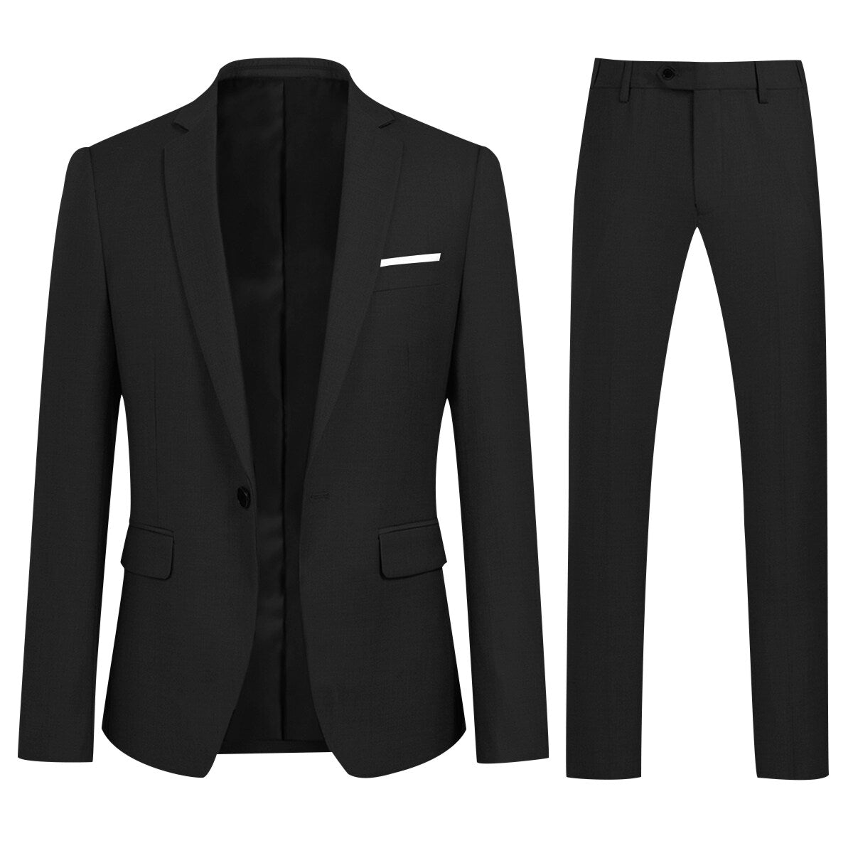 Black # Men's slim fit 2-piece simple designed suit with peaked lapel and button closure, black formal blazer jacket with four-button cuffs and matching flat-front trousers with extended waist strap and slanted side pockets, elegant polyester viscose blend suit for business, wedding, office and daily wear, isolated on white background.
