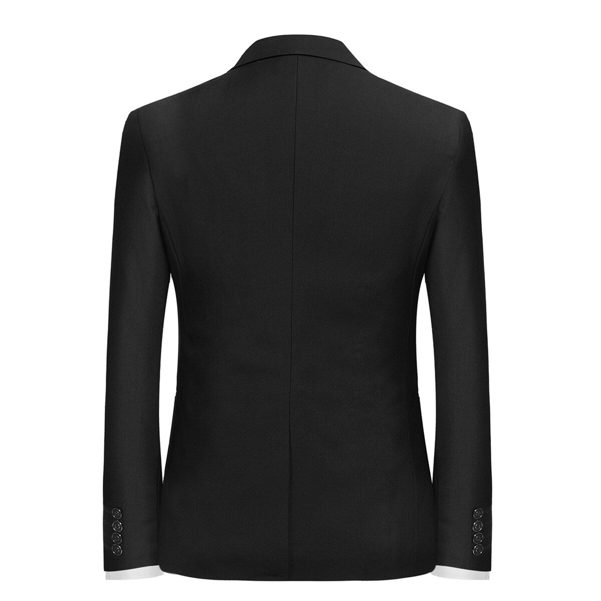 Black # Men's slim fit 2-piece simple designed suit with peaked lapel and button closure, black formal blazer jacket with four-button cuffs and matching flat-front trousers with extended waist strap and slanted side pockets, elegant polyester viscose blend suit for business, wedding, office and daily wear, isolated on white background.