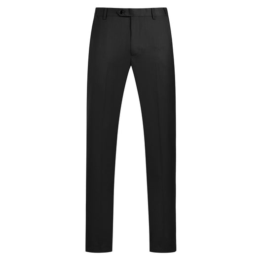 Black # Men's slim fit 2-piece simple designed suit with peaked lapel and button closure, black formal blazer jacket with four-button cuffs and matching flat-front trousers with extended waist strap and slanted side pockets, elegant polyester viscose blend suit for business, wedding, office and daily wear, isolated on white background.