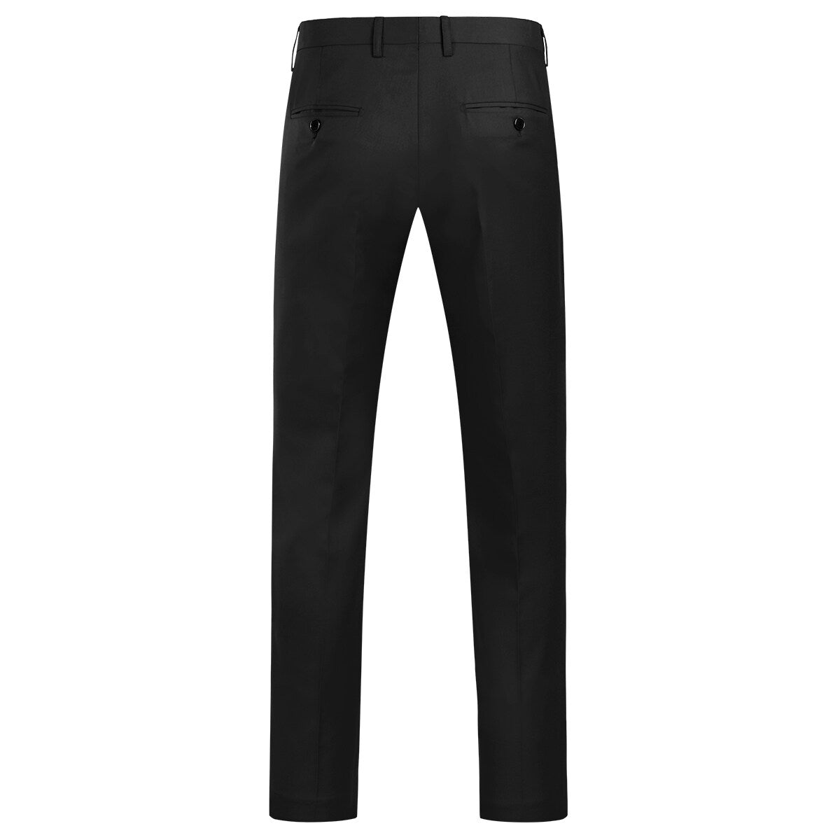 Black # Men's slim fit 2-piece simple designed suit with peaked lapel and button closure, black formal blazer jacket with four-button cuffs and matching flat-front trousers with extended waist strap and slanted side pockets, elegant polyester viscose blend suit for business, wedding, office and daily wear, isolated on white background.
