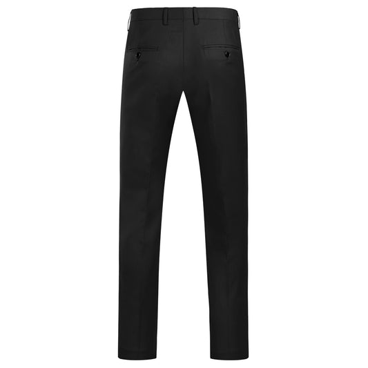 Black # Men's slim fit 2-piece simple designed suit with peaked lapel and button closure, black formal blazer jacket with four-button cuffs and matching flat-front trousers with extended waist strap and slanted side pockets, elegant polyester viscose blend suit for business, wedding, office and daily wear, isolated on white background.
