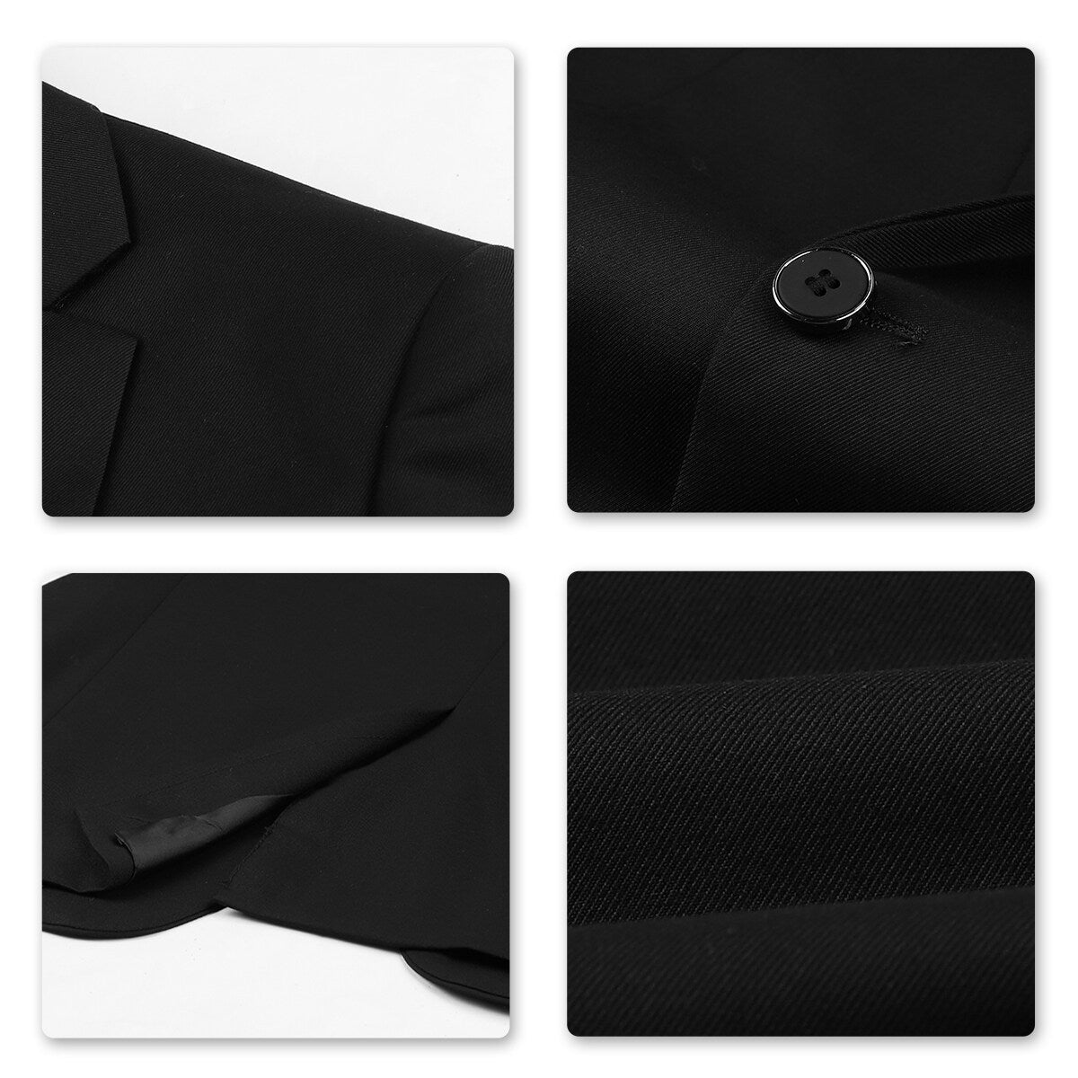 Black # Men's slim fit 2-piece simple designed suit with peaked lapel and button closure, black formal blazer jacket with four-button cuffs and matching flat-front trousers with extended waist strap and slanted side pockets, elegant polyester viscose blend suit for business, wedding, office and daily wear, isolated on white background.