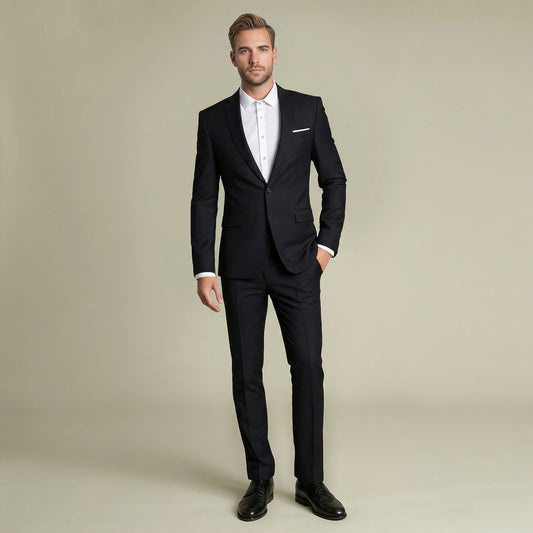 Black # Men's slim fit 2-piece simple designed suit with peaked lapel and button closure, black formal blazer jacket with four-button cuffs and matching flat-front trousers with extended waist strap and slanted side pockets, elegant polyester viscose blend suit for business, wedding, office and daily wear, isolated on white background.