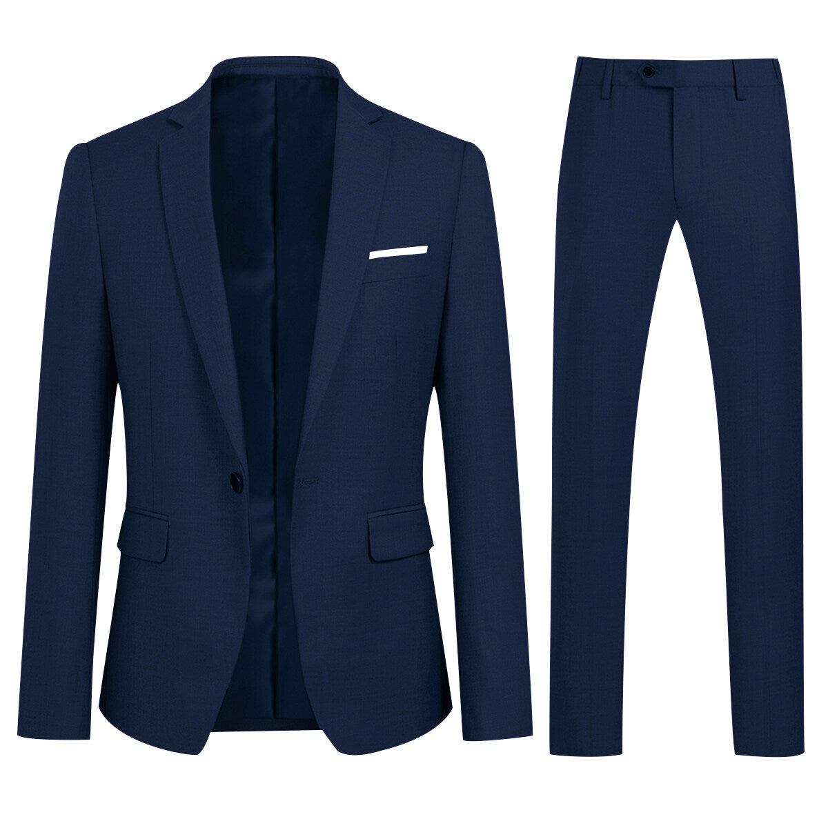 Navy # Men's slim fit 2-piece simple designed suit with peaked lapel and button closure, navy formal blazer jacket with four-button cuffs and matching flat-front trousers with extended waist strap and slanted side pockets, elegant polyester viscose blend suit for business, wedding, office and daily wear, isolated on white background.